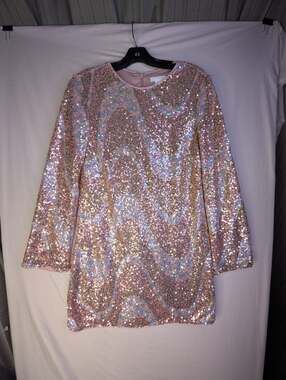 H&M Rose Gold Sequin Long Sleeve Shift Mini Dress